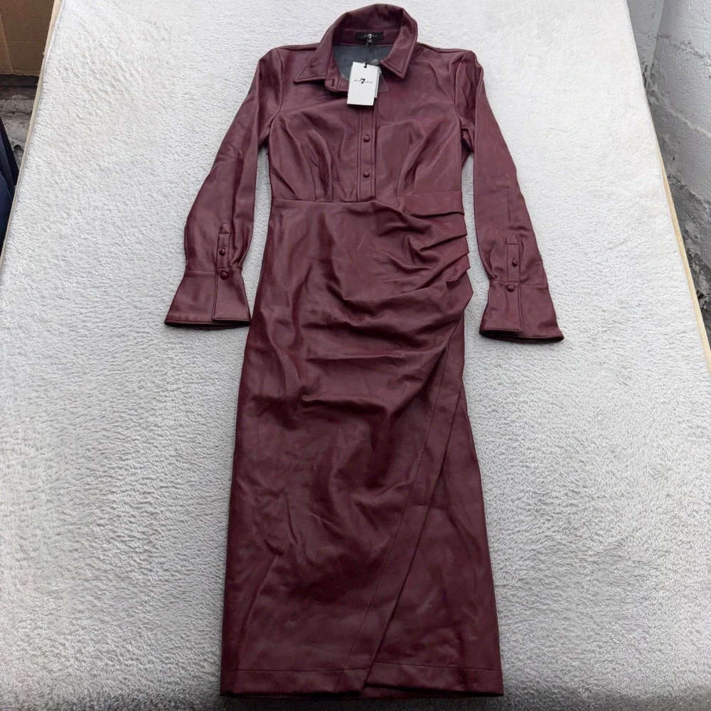 7 For All Mankind Womens Faux Vegan Leather Ruched Midi Dress Burgundy Size S